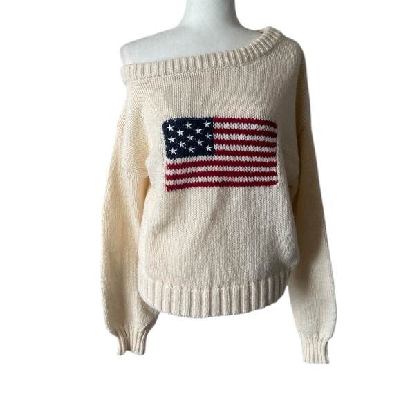 Tictoc Off Shoulder American Flag Sweater Cream Knit Americana Cozy Small NWT - Picture 3 of 12
